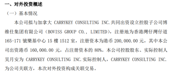 博維仕擬與加拿大共同出資港幣20萬設(shè)立控股子公司博維仕集團(tuán) 其中公司出資港幣16萬